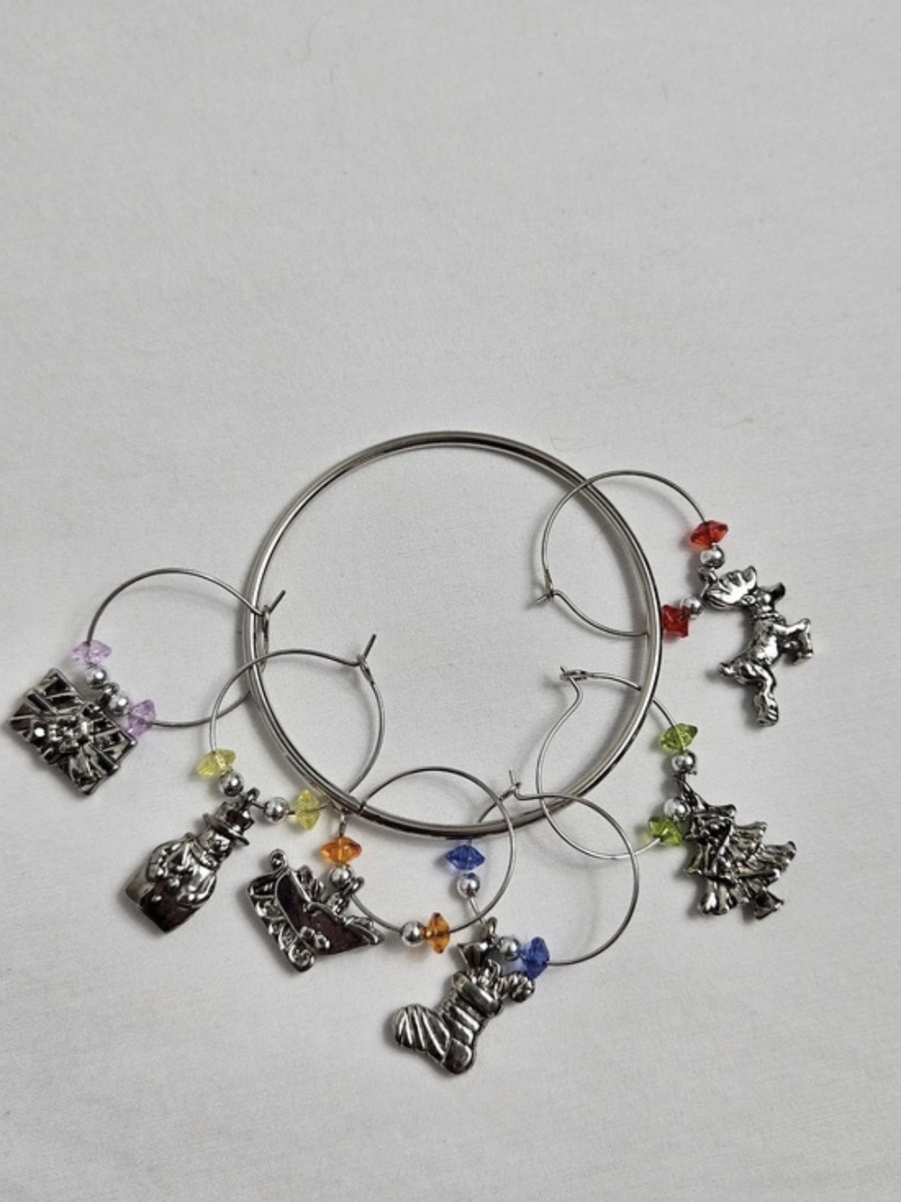 Holiday Christmas Wine Glass Charms Set Of 6 Drink Markers Festive Beaded Silver